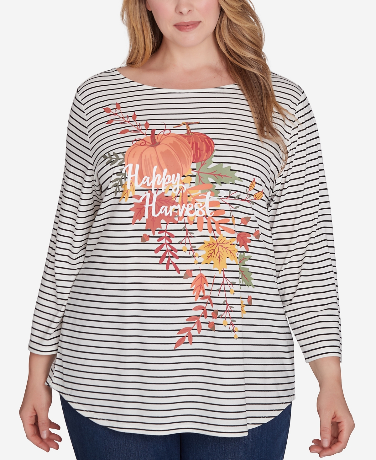 Plus Size Boat Neck Happy Harvest Striped Knit Top - Alabaster Multi