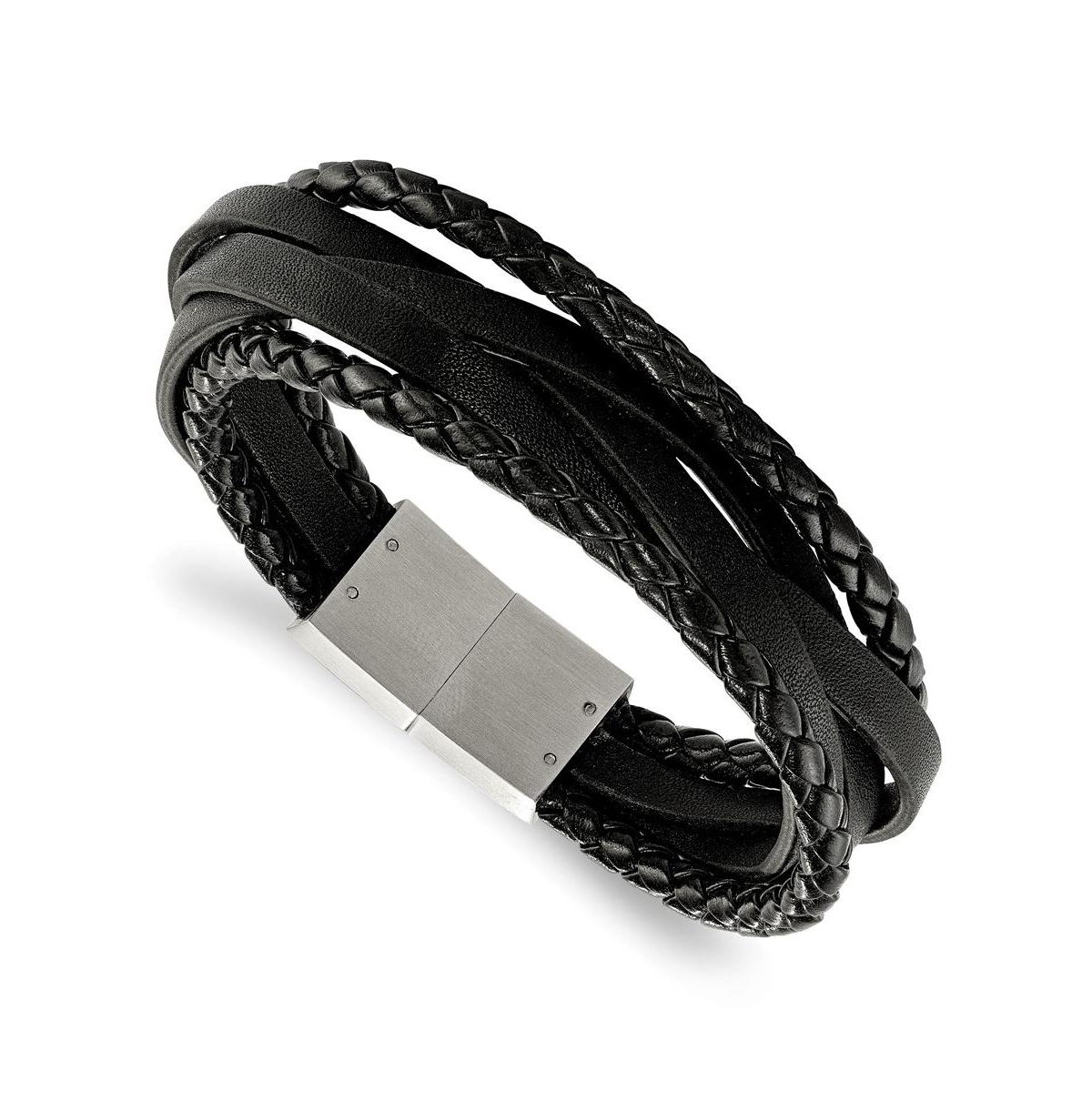 Stainless Steel Brushed Multi Strand Black Leather Bracelet - Black