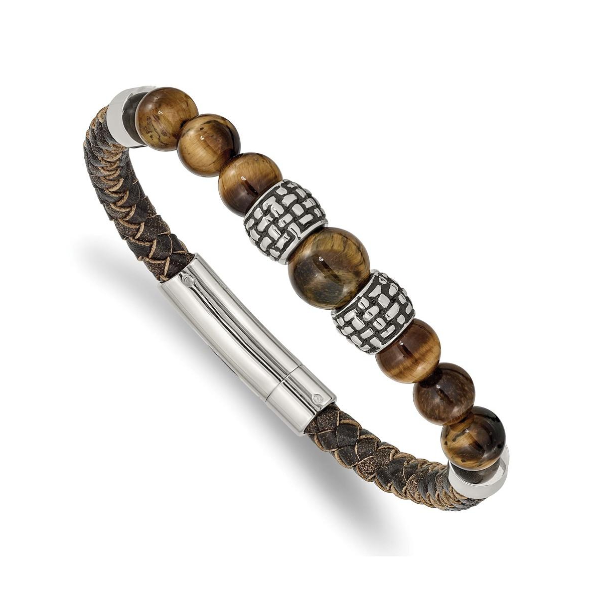 Stainless Steel Tiger's Eye Beads Brown Leather Bracelet - Brown