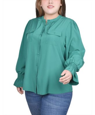 Plus Size Long Sleeve Mandarin Collar Blouse