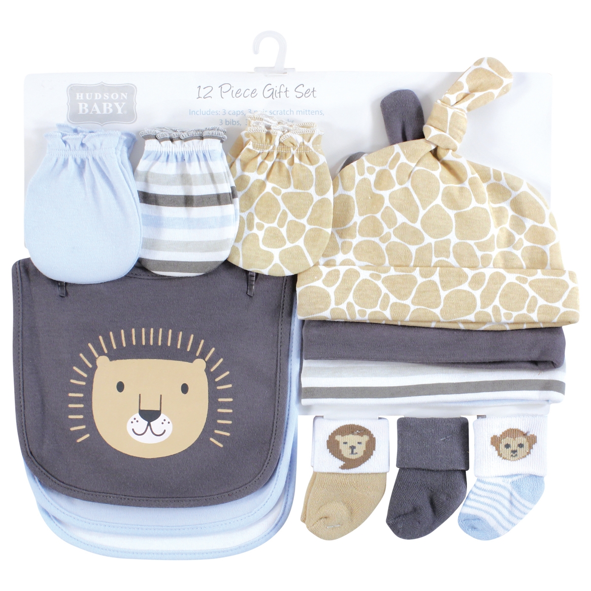 Hudson Baby Baby Boys Caps or Headbands, Bibs, Mittens and Socks 12pc Set, Months - Safari