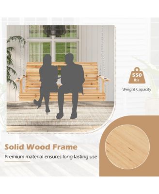 2-seat Wood Swing Bench with Folding Cup Holder and Sturdy Metal Hanging Chains