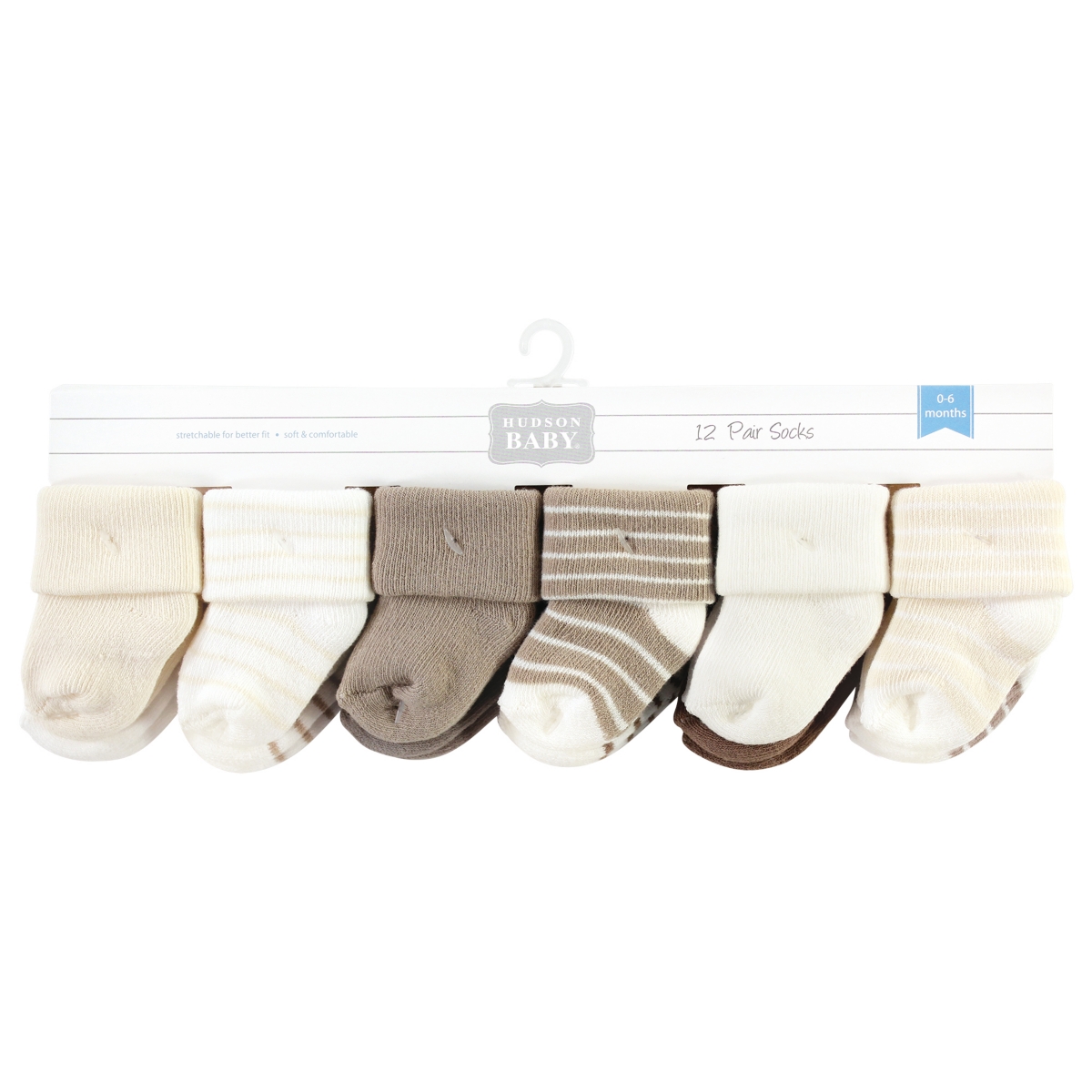 Hudson Baby Baby Boys Cotton Rich Newborn and Terry Socks, Beige Stripe 12 Pack - Beige stripe 12 pack