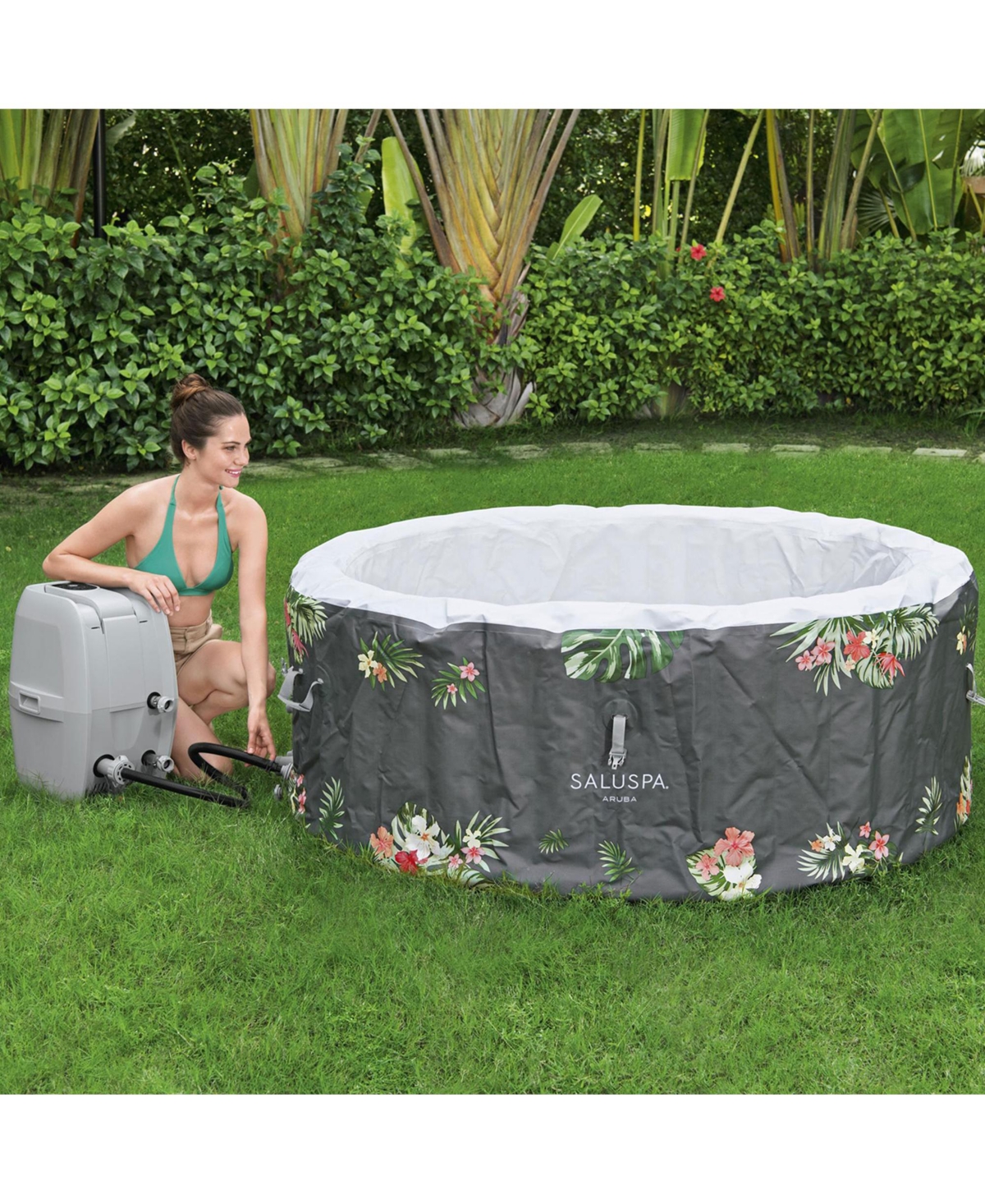 Bestway SaluSpa Aruba AirJet Inflatable Hot Tub with 110 Soothing Jets, Gray - Gray with flowers