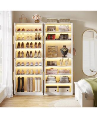 Tall Shoe Cabinet with Acrylic Doors and LED Lights, 8-Tier Entryway Shoe Storage Rack with Adjustable Shelves and Hanging Hooks