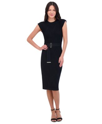 Vince Camuto Petite Round-Neck Belted Short-Sleeve  Dress 