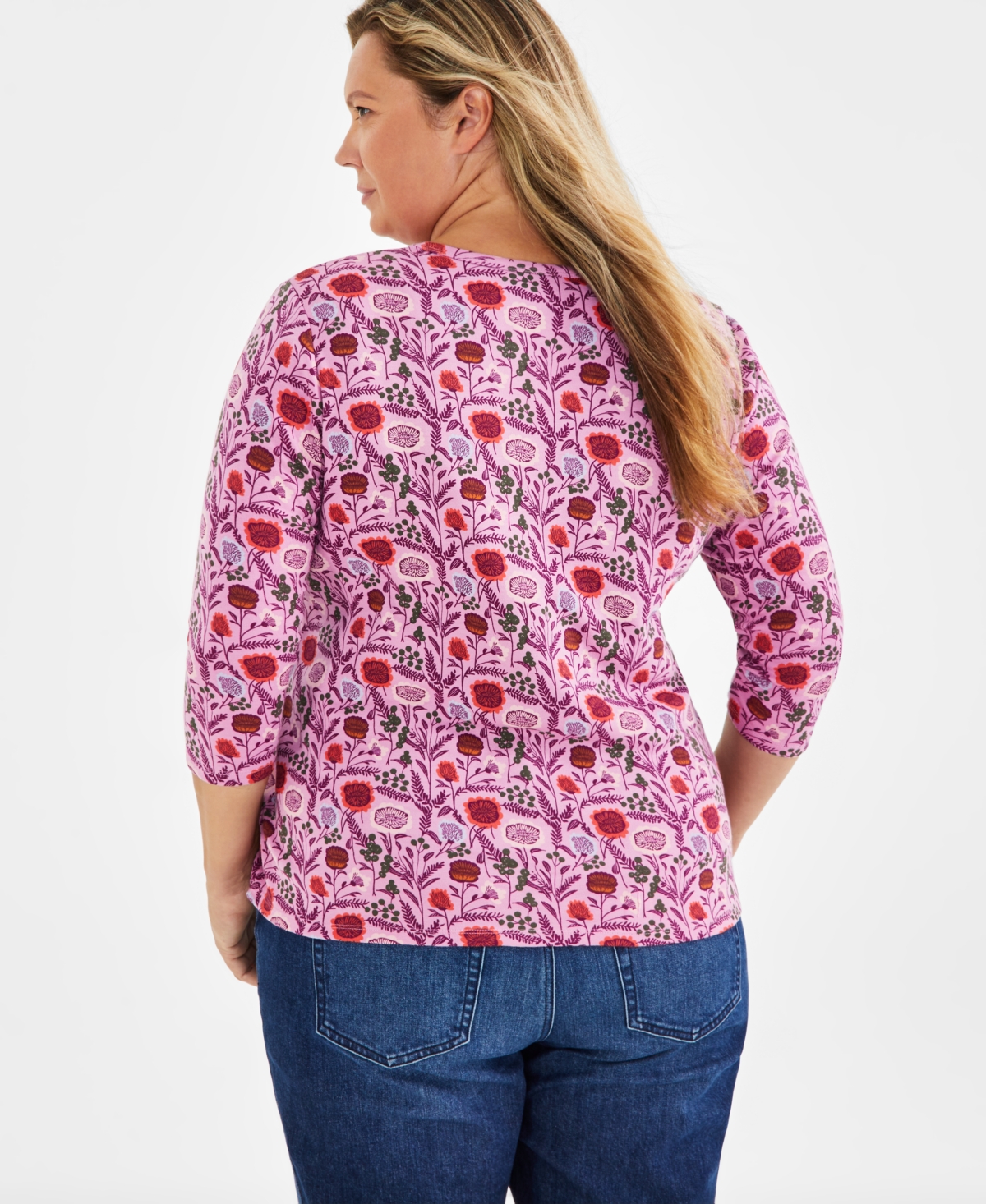 Style & Co Plus Size Printed 3/4-Sleeve V-Neck Top, Created for Style & Co