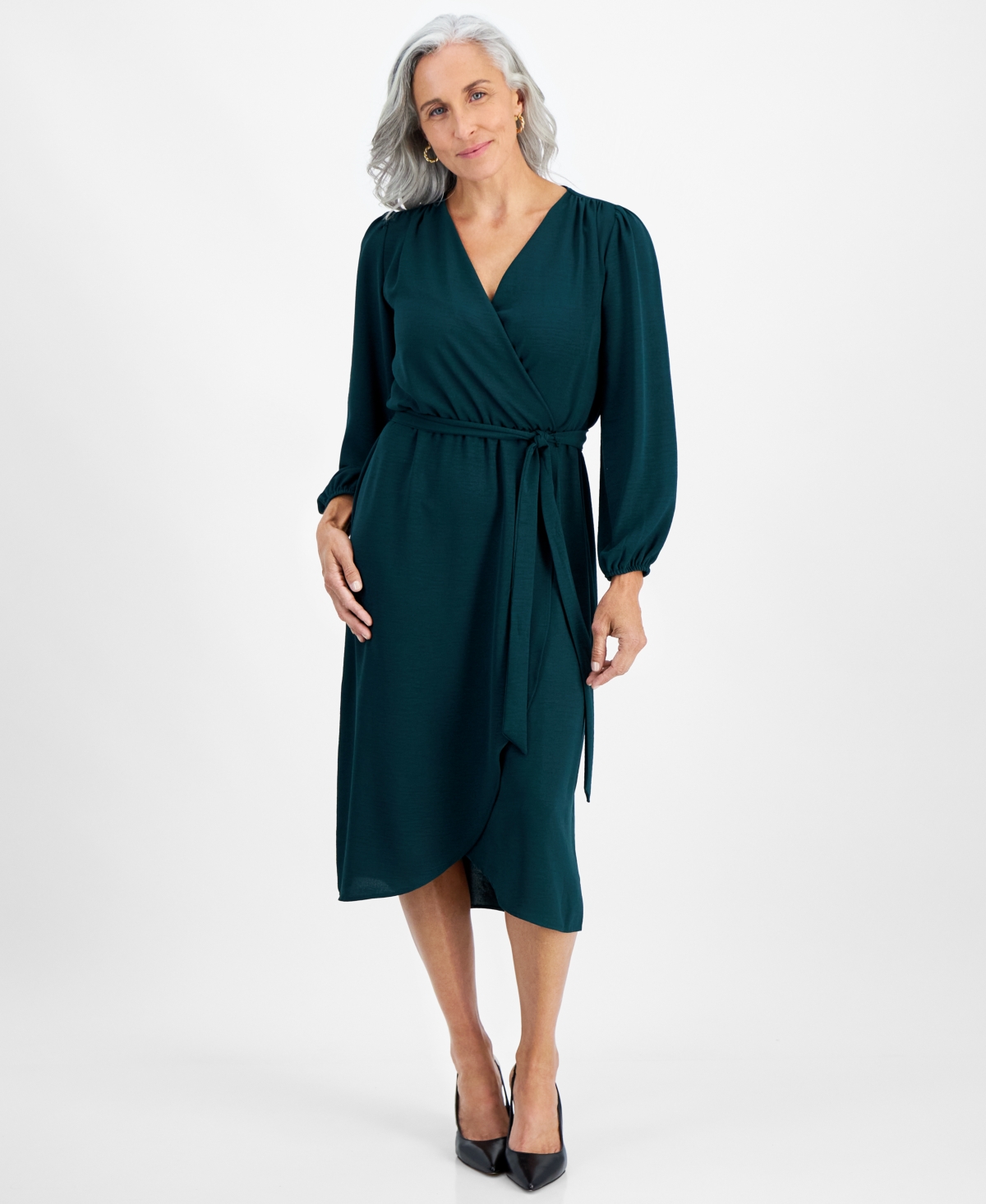 CONNECTED PETITE LONG-SLEEVE TIED WRAP DRESS 