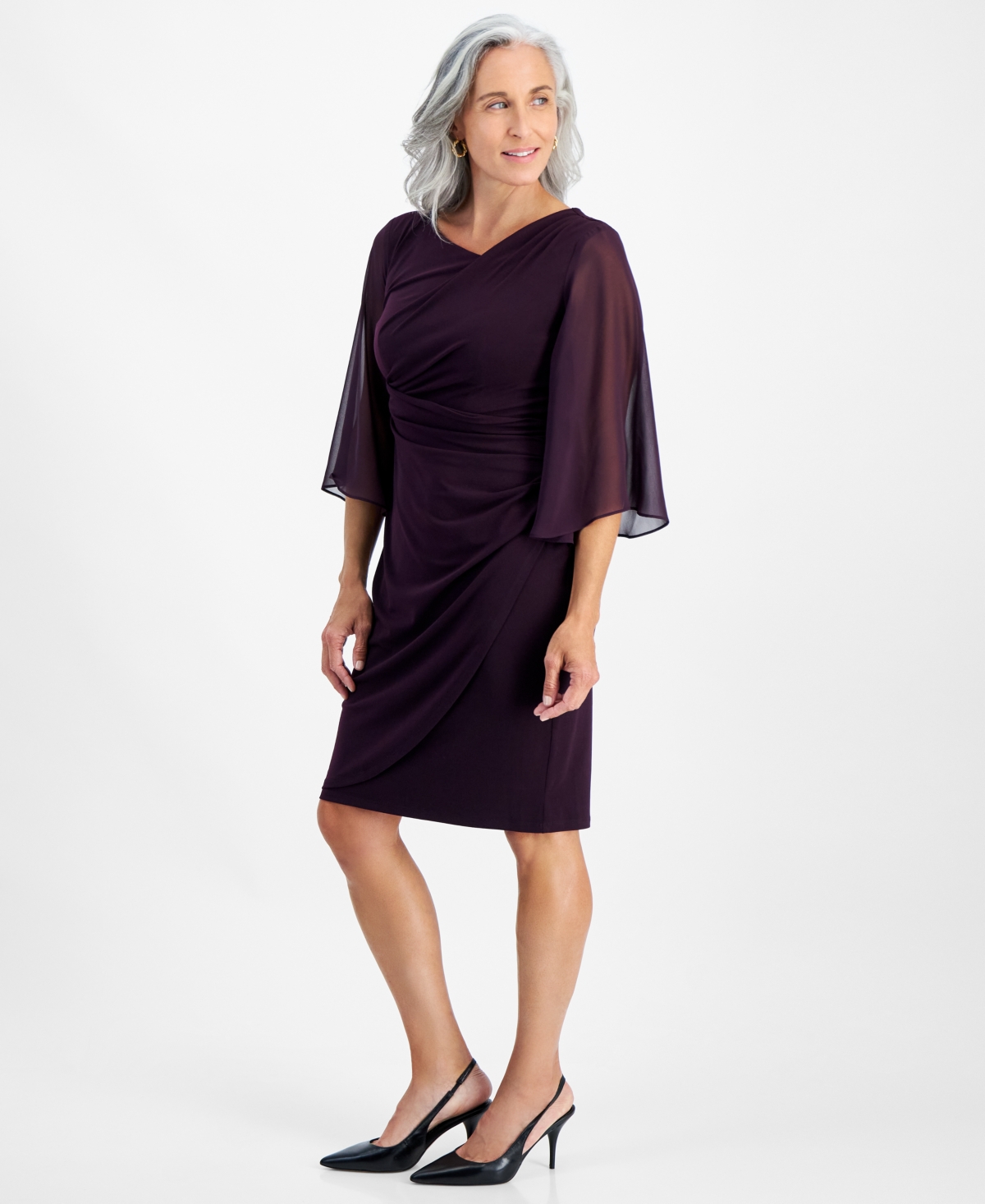 Connected Petite Cowlneck Cape-Sleeve Sheath Dress