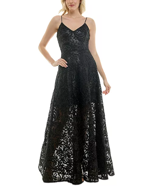 women's v-neck sleeveless embellished lace gown