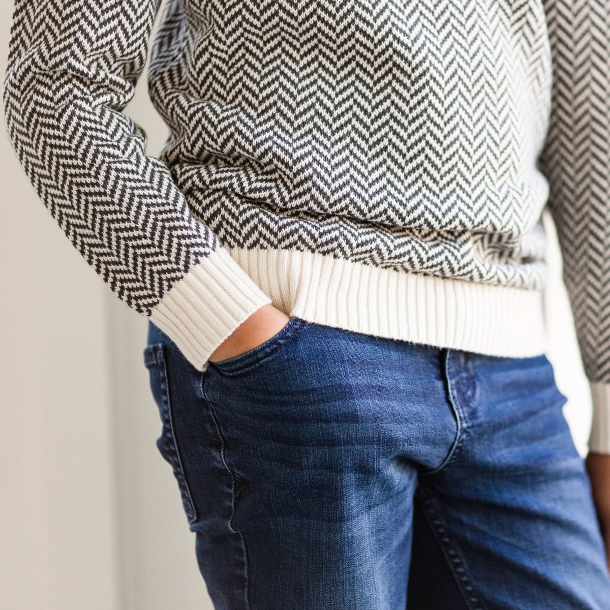 Hope & Henry Boys Organic Crewneck Pullover Sweater with Elbow Patches - Charcoal and Ivory Herringbone