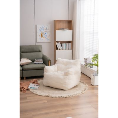 Soft Tufted Foam Bean Bag Chair With Teddy Fabric Ivory White