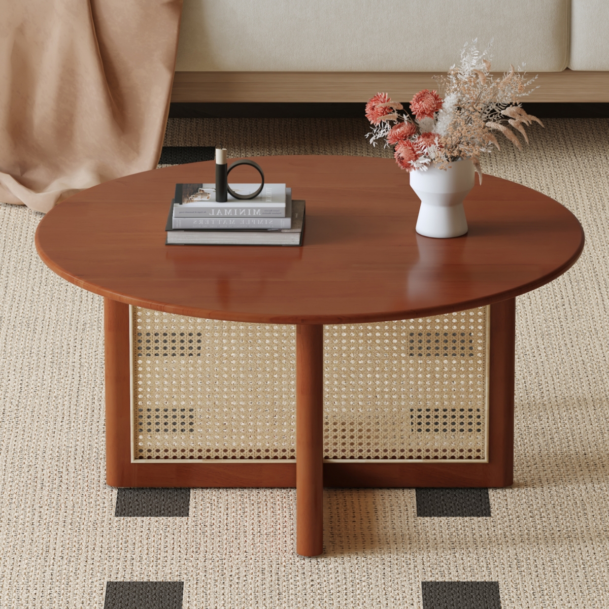 Streamdale Furniture Rustic-Modern Wood & Rattan Coffee Table for Nature-Inspired Living