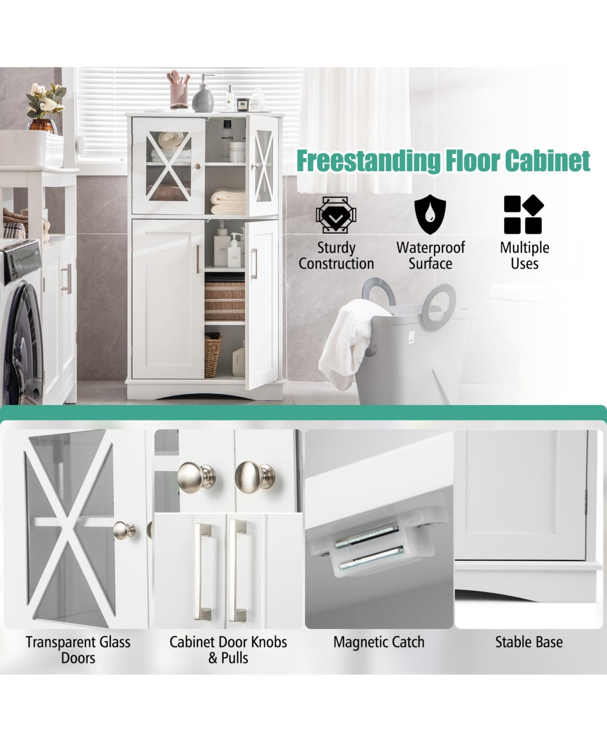 Slickblue 4 Doors Freeestanding Bathroom Floor Cabinet with Adjustable Shelves