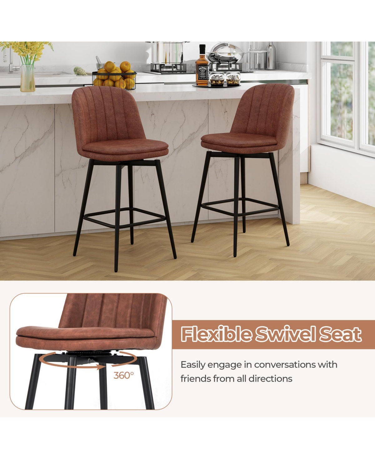 Slickblue 27 Inch Swivel Bar Stool Set of 2 Counter Height Chair with Padded Seat-Black and- Brown, Black