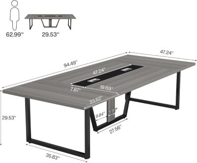 94.5-Inch Conference Table for 10 People, Industrial 8 FT Meeting Table with Two Grommets, Rectangular Podcast Training Table