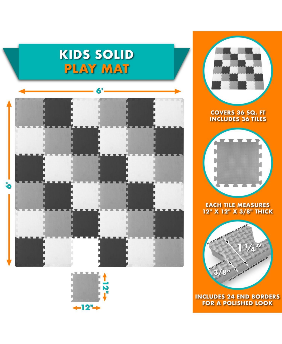 ProsourceFit ProSource Kids Floor Play Mat 3/8-in, Sq Ft - Tiles -grey/white
