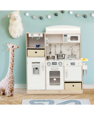 Kids Pretend Play Kitchen Wooden Toy Playset with LED Lighting & Coffee Maker