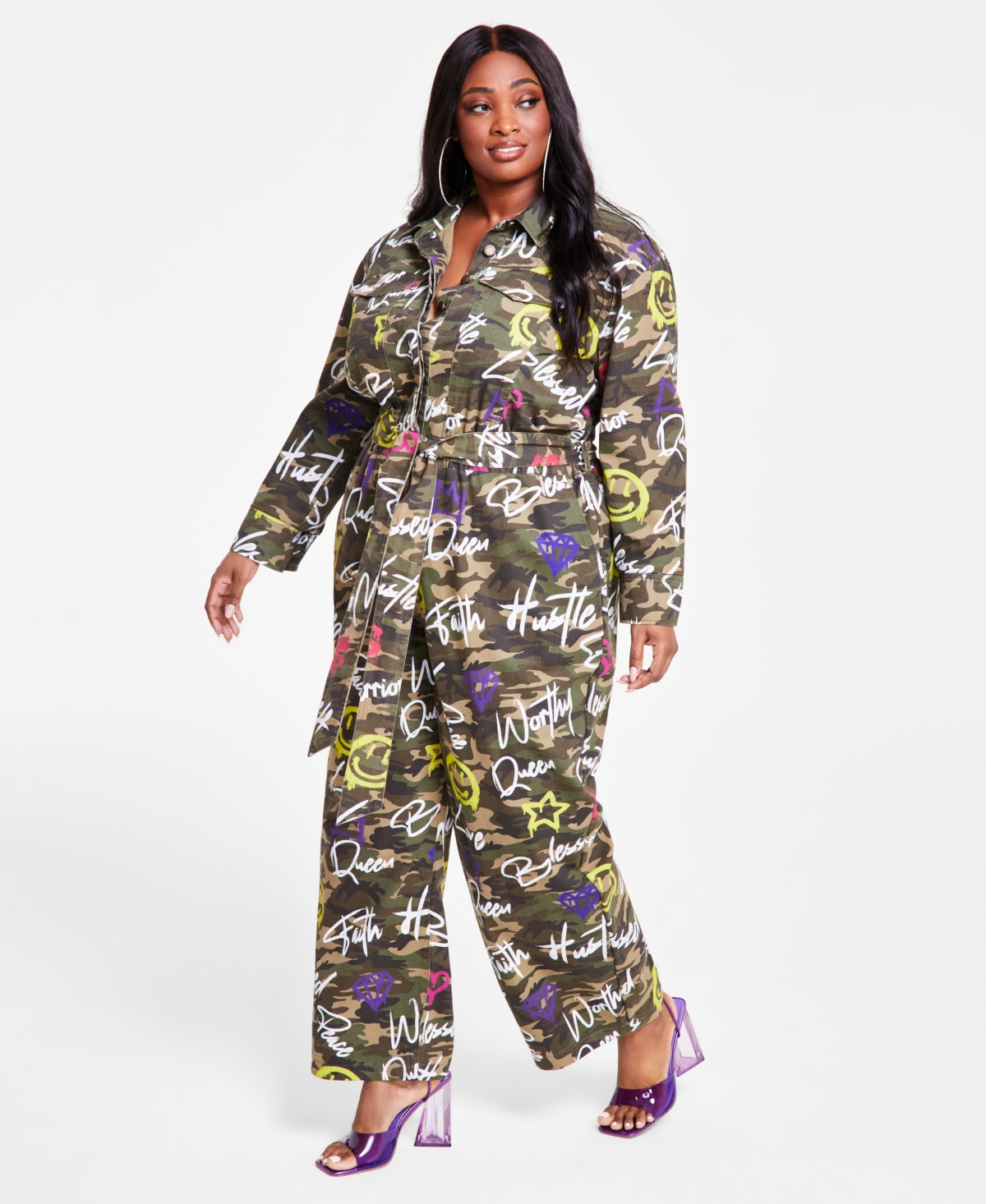Nina Parker Trendy Plus Size Cotton Twill Camouflage Jumpsuit