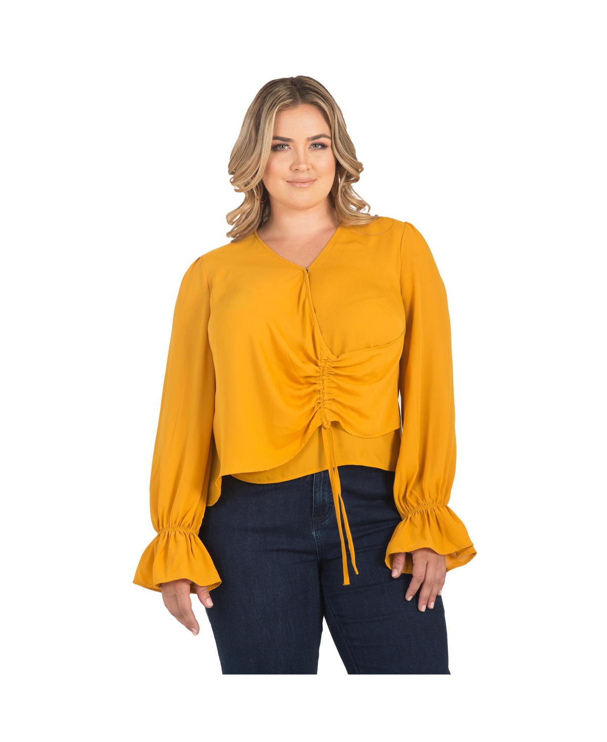 Standards & Practices Plus Size Long Flute Sleeve Surplice Neckline Wrap Blouse
