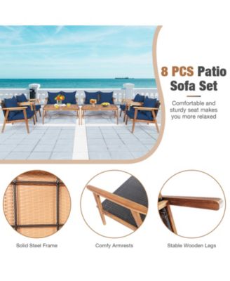 4 Piece Acacia Wood Patio Rattan Furniture Set