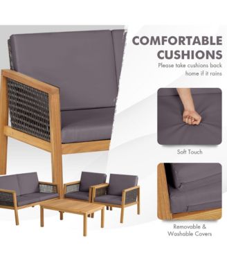 8PCS Patio Conversation Acacia Wood Furniture Set PE Rattan Conversation Set w/ Grey Cushions