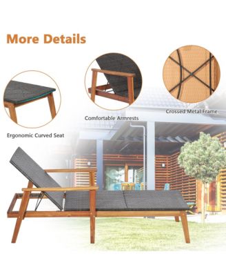 Adjustable Patio Rattan Lounge Chair Recliner Outdoor Chaise Acacia Wood Frame