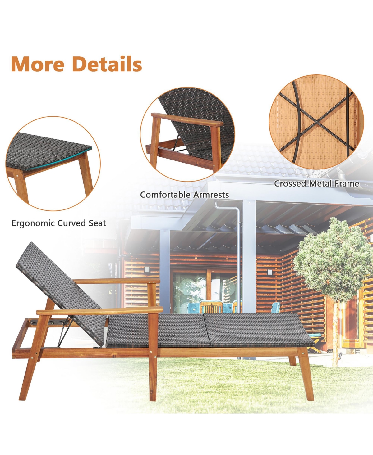 Gymax Adjustable Patio Rattan Lounge Chair Recliner Outdoor Chaise Acacia Wood Frame