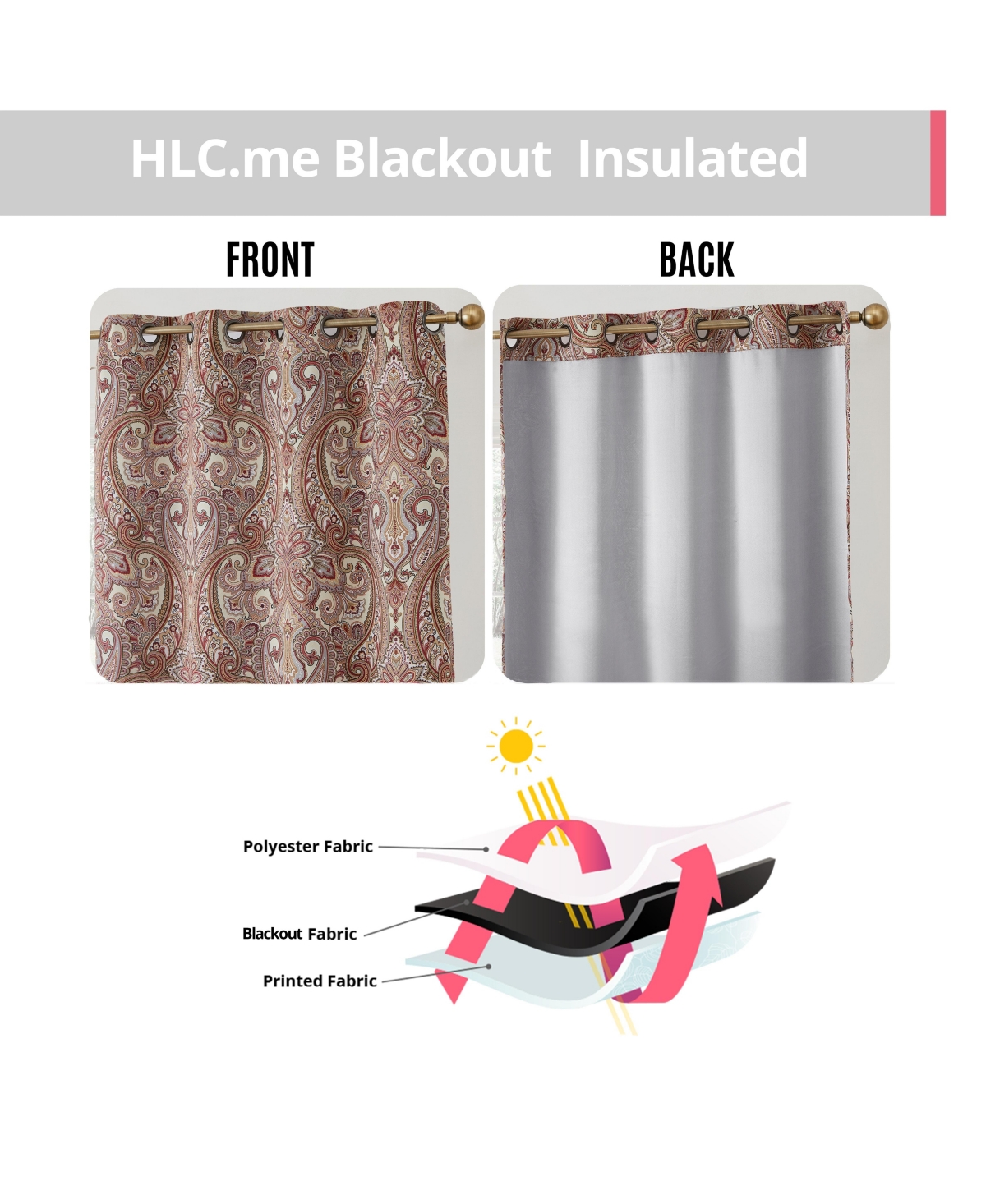 Hlc.me Paris Paisley Decorative Print Damask Pattern Light Reducing Filtering Grommet Window Curtain Panels for Living and Dining Room