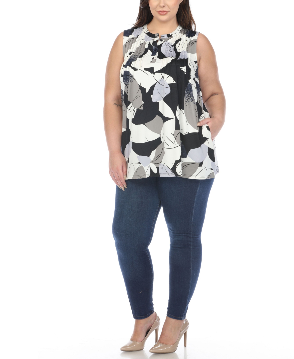 WHITE MARK PLUS SIZE PLEATED FRONT SLEEVELESS TUNIC TOP 