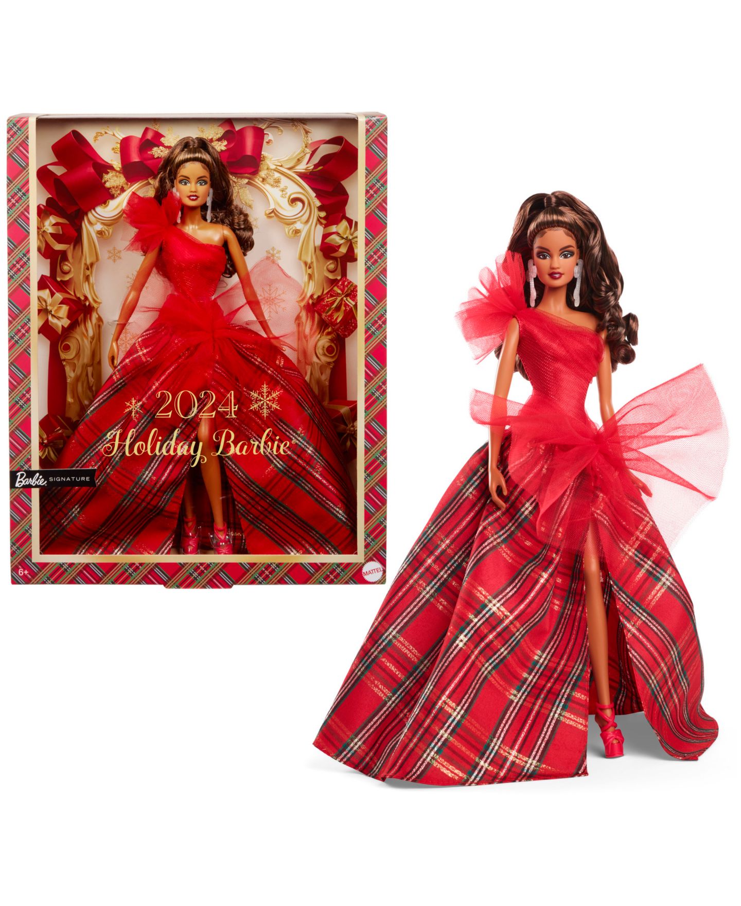 Детская кукла Barbie Signature 2024 Holiday Fashion Doll, Seasonal Collector Gift, Light Brown Hair with Plaid Gown — фото 1