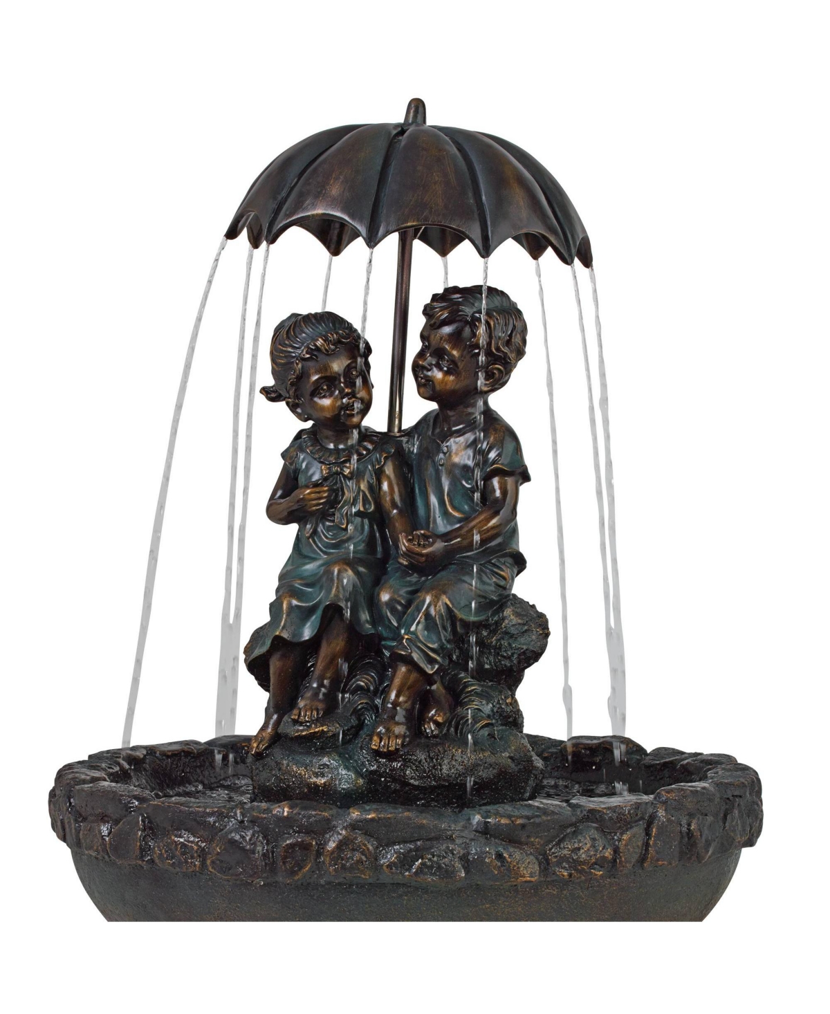 John Timberland Boy and Girl Under Umbrella Outdoor Floor Water Fountain High Copper Green Bronze Resin for Garden Patio Yard Deck Home Lawn Porch