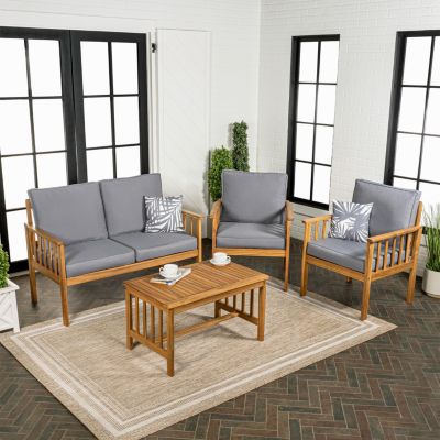 Everly 4-Piece Modern Cottage Acacia Wood Outdoor Patio Set with Cushions and Tropical Decorative Pillows, Gray/Teak Brown