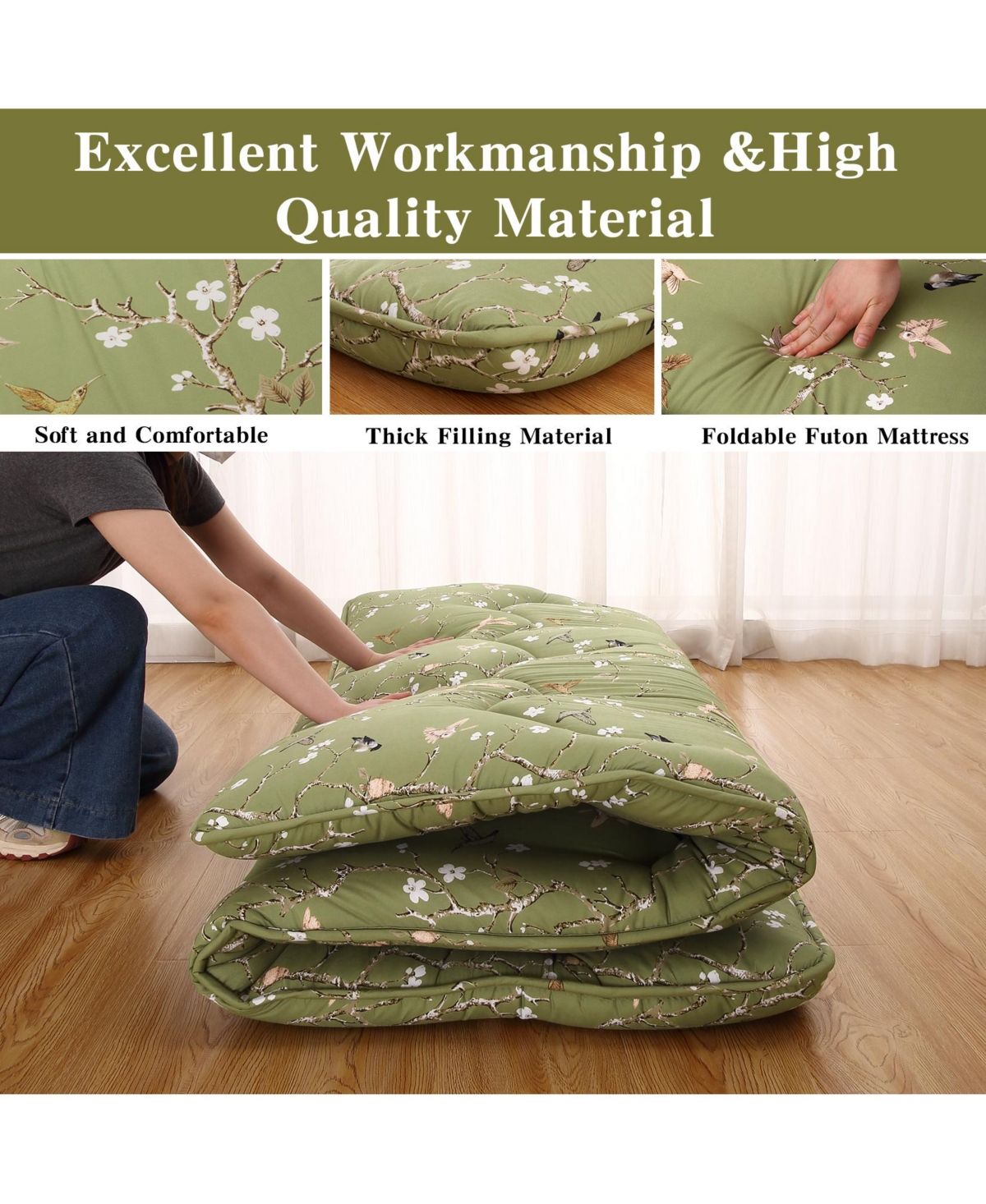 Caromio Size Futon Mattress Floor Mattress Pad Bird Floral Print Portable Dorm Sleeping Pad, 54