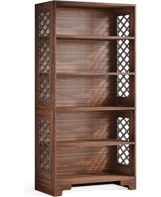 vintage, tall, engineered wood bookcase — 70.8" floor-standing 6-tier shelf rack for home office, living room, or bedroom display.