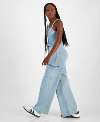 Tinseltown Juniors' Wide-Leg Square-Neck Tie-Front Cargo Jumpsuit