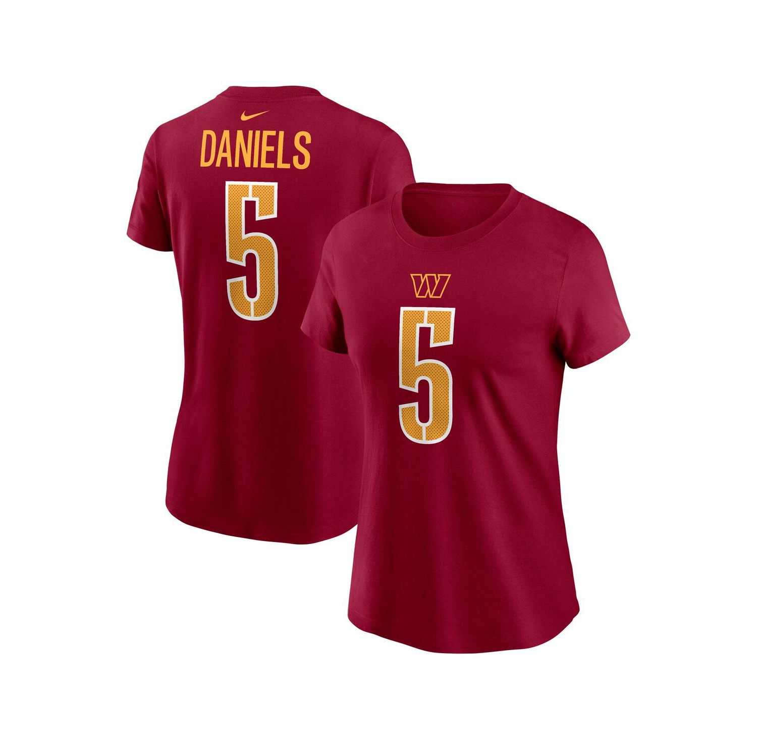 Women's Jayden Daniels Burgundy Washington Commanders 2024 NFL Draft First Round Pick Name & Number T-Shirt