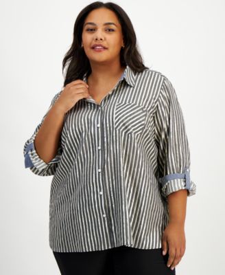 Tommy Hilfiger - Plus Size Shimmer Shadow Striped Button-Front Shirt