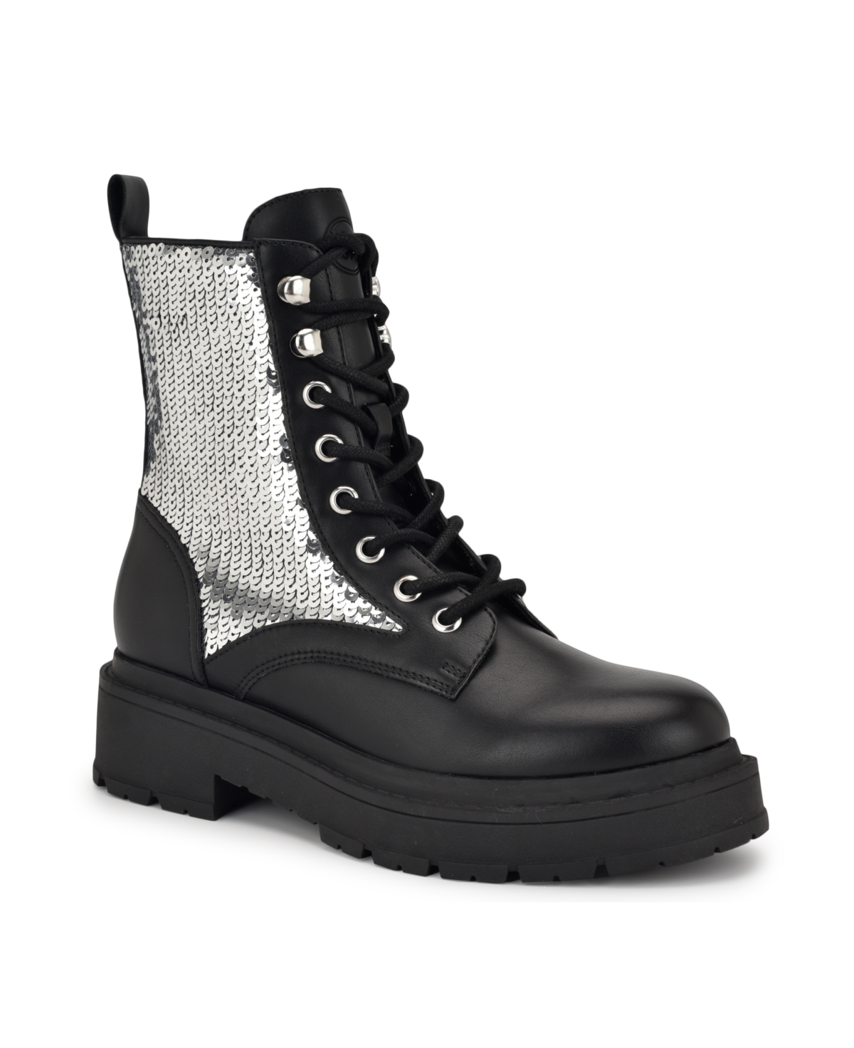 Nine West Women's Heidy Round Toe Lace-Up Ankle Booties -Silver Sequin