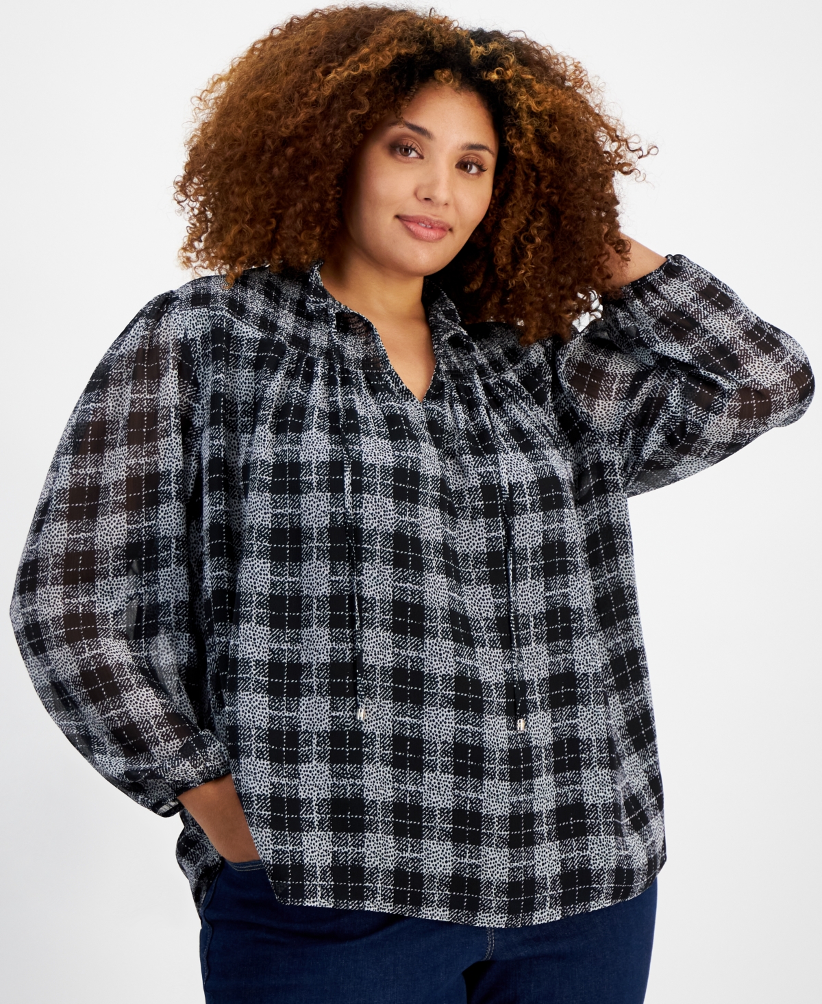 Tommy Hilfiger Plus Size Plaid Tie-Neck Smocked-Yoke Top -Ivory