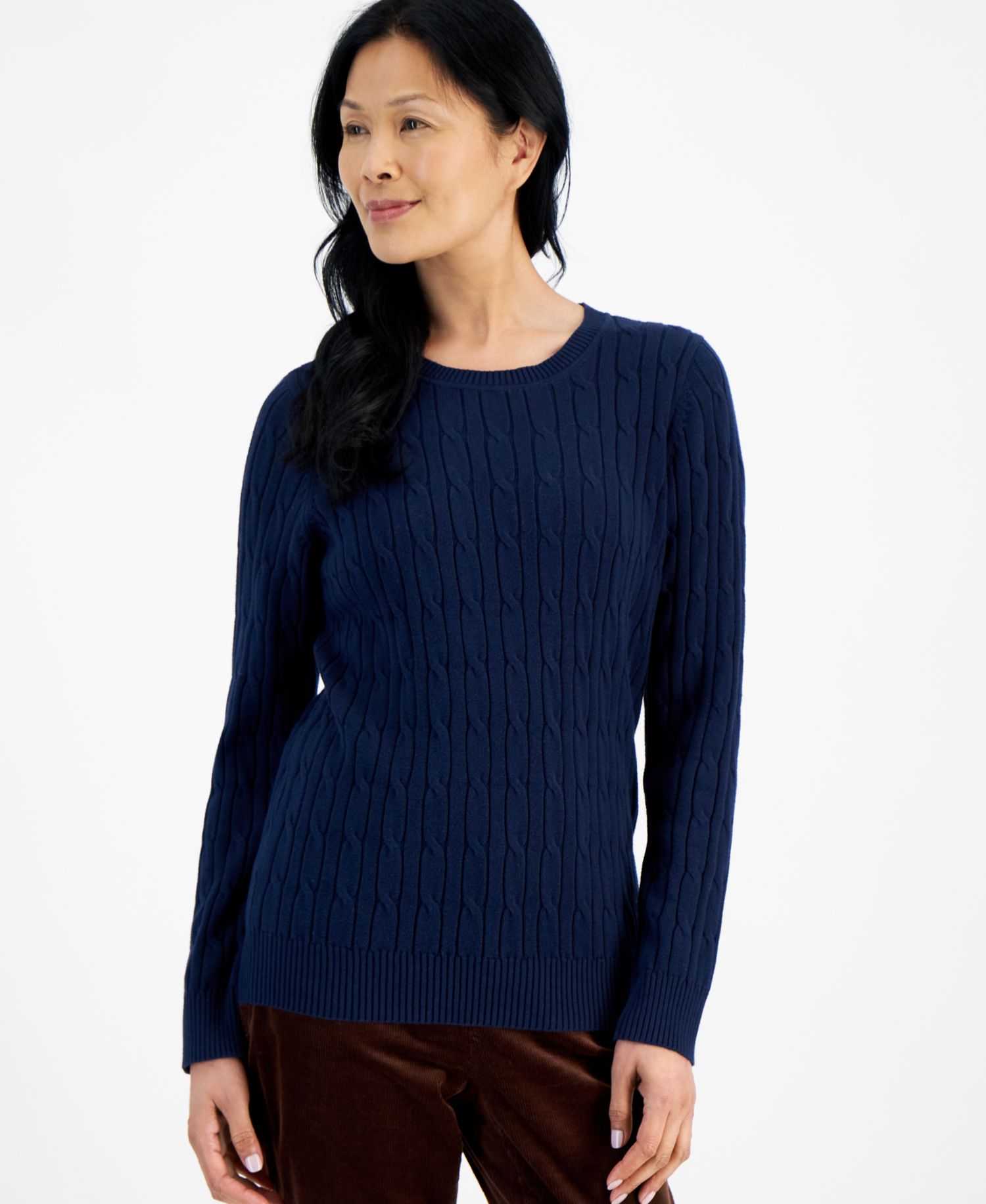 Petite Cotton Cable-Knit Crewneck Sweater