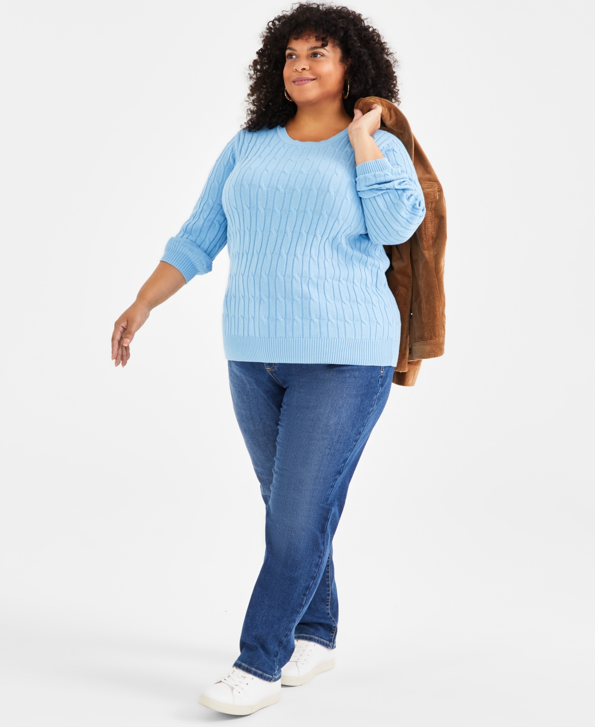 Style & Co Plus Size Cotton Cable-Knit Crewneck Sweater, Created for Style & Co