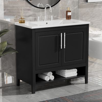 36" Black Bathroom Vanity with Sink, MDF Cabinet with Doors & Drawers