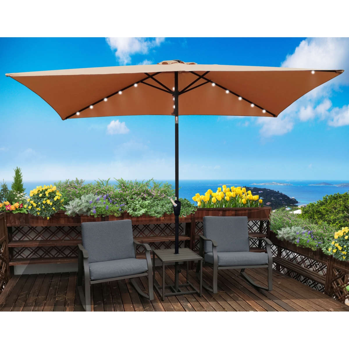 Streamdale Furniture 10 X 6.5FT Rectangular Patio Solar Led Lighted Outdoor Umbrellas With Crank And Push Button