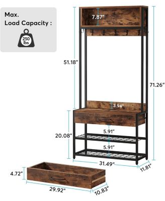 3-in-1 Entryway Hall Tree – Industrial Coat Rack with Shoe Bench, Drawer, Hutch & 9 Hooks for Bedroom or Living Room