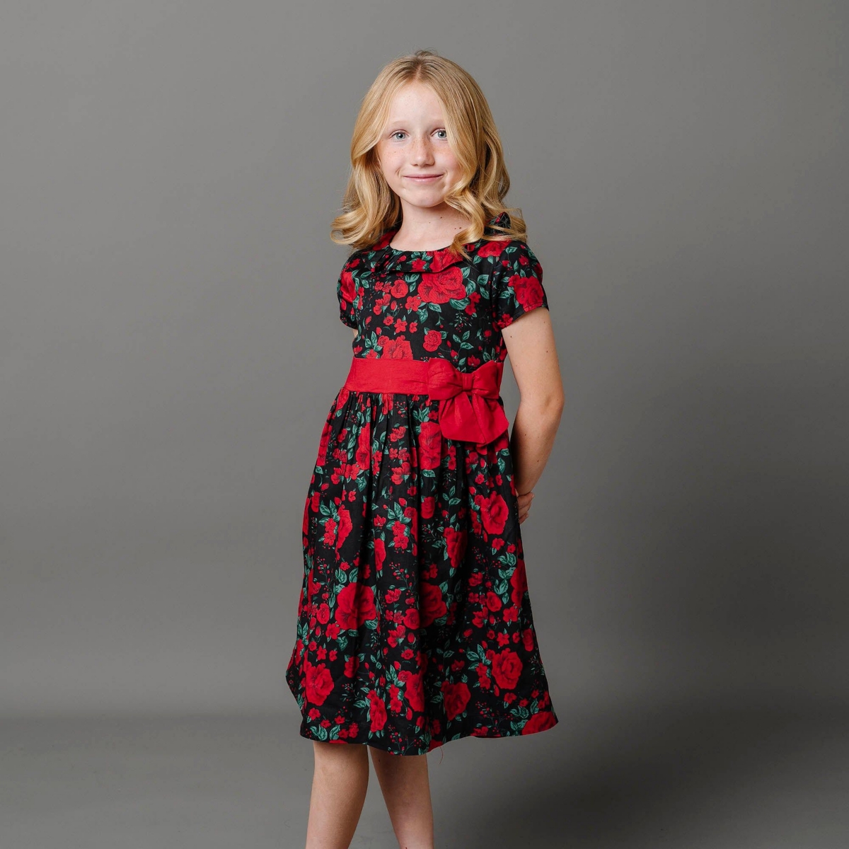 Hope & Henry Big Girls Short Sleeve Ruffle Collar Party Dress with Bow