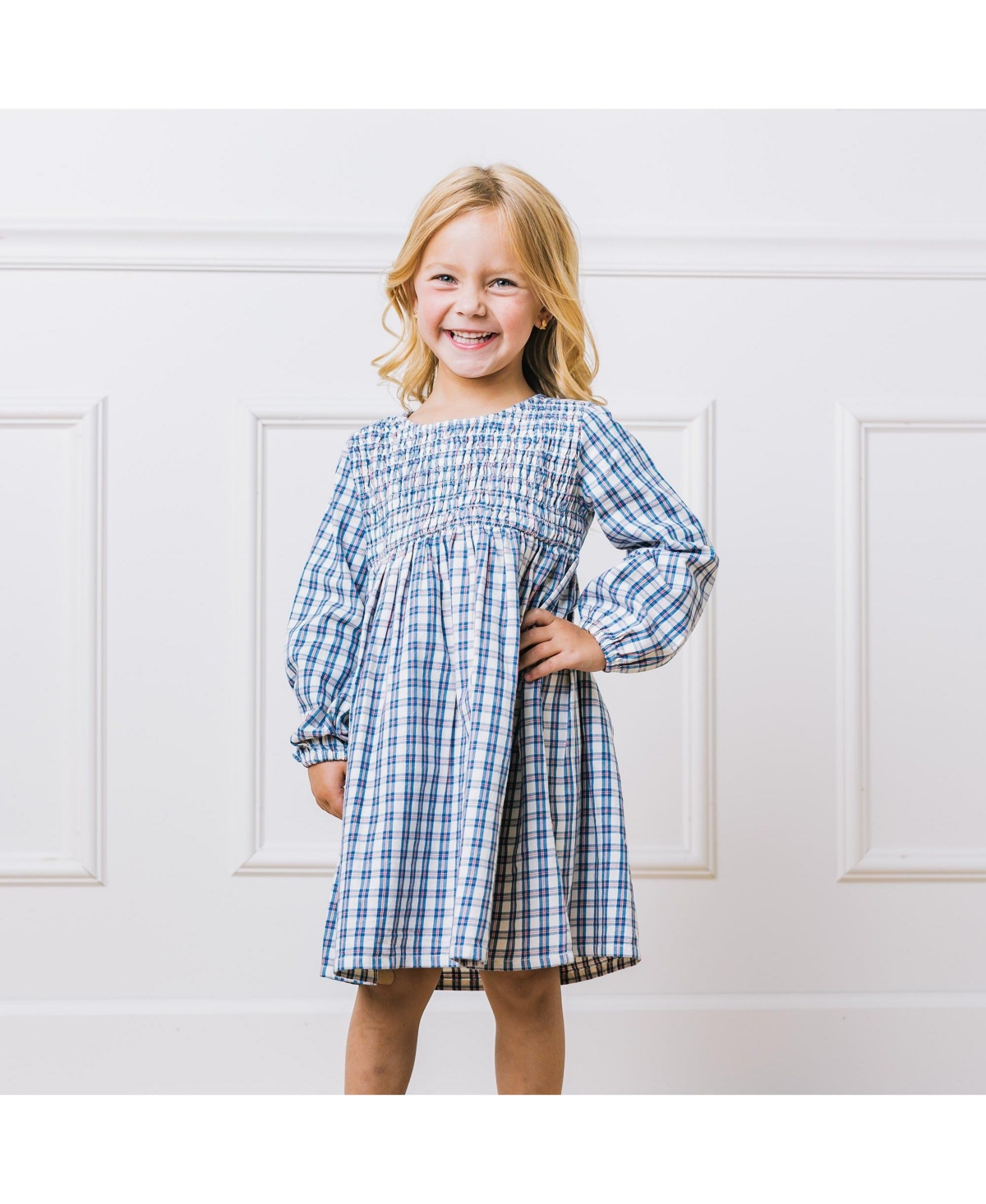 Hope & Henry Toddler Girls Long Sleeve Calvary Twill Smocked Front Dress - Ivory and blue check
