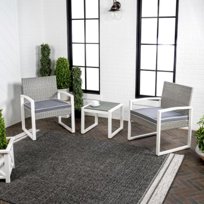 Selby 3-Piece Modern Coastal Faux Wicker Conversation Outdoor Patio Set, White/Black/Brown