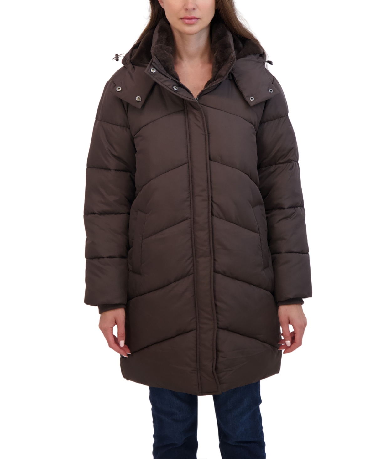 Women's 3/4 Cozy Lined Hooded Puffer Coat - Grey