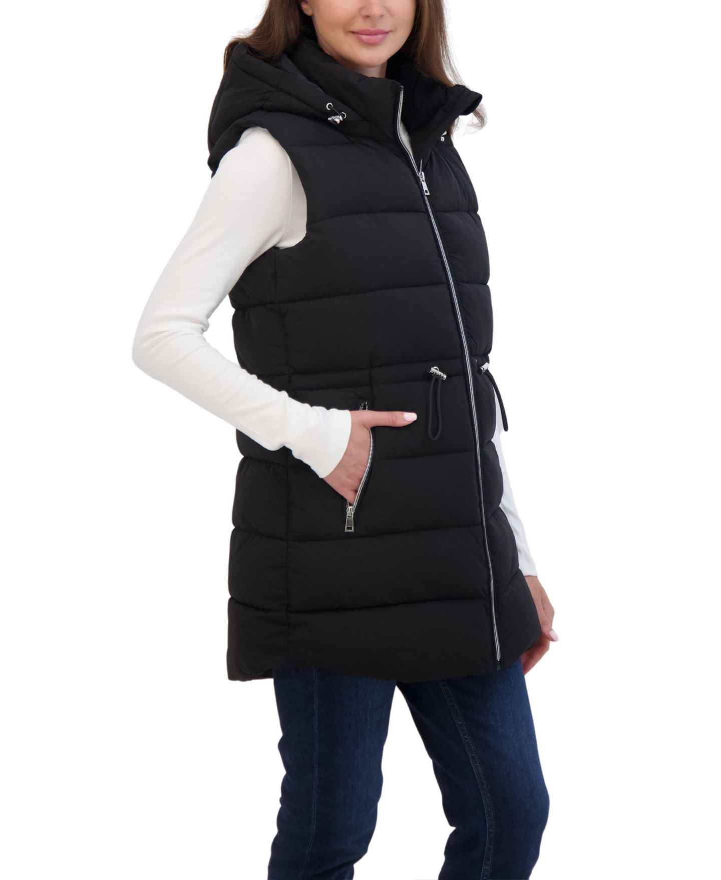 Женский жилет Sebby Collection 3/4 Hooded Stretch Puffer Vest With Drawstring Waist, цвет: Чёрный — фото 2